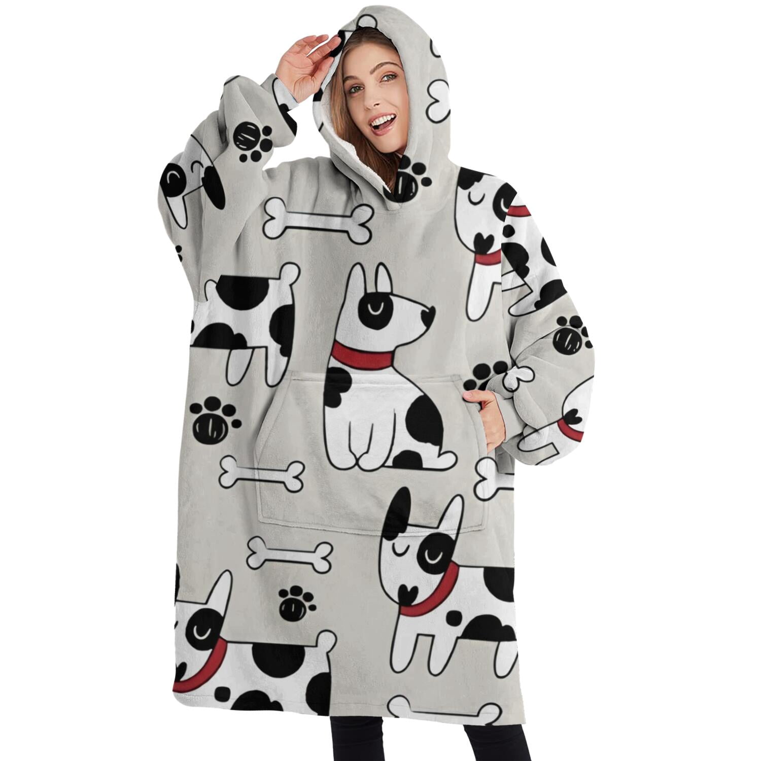 Oversized Wearable Blanket Hoodie,Bulldog Dog Sherpa Blanket Hoodie with Super Pockets,Super Warm Fuzzy Pullover for Women & Men
