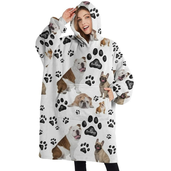 Oversized Wearable Blanket Hoodie,Bulldog Dog and Footprints Sherpa Blanket Hoodie with Super Pockets,Super Warm Fuzzy Pullover for Women & Men