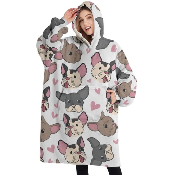 Oversized Wearable Blanket Hoodie,Bulldog Dog and Love Heart Sherpa Blanket Hoodie with Super Pockets,Super Warm Fuzzy Pullover for Women & Men