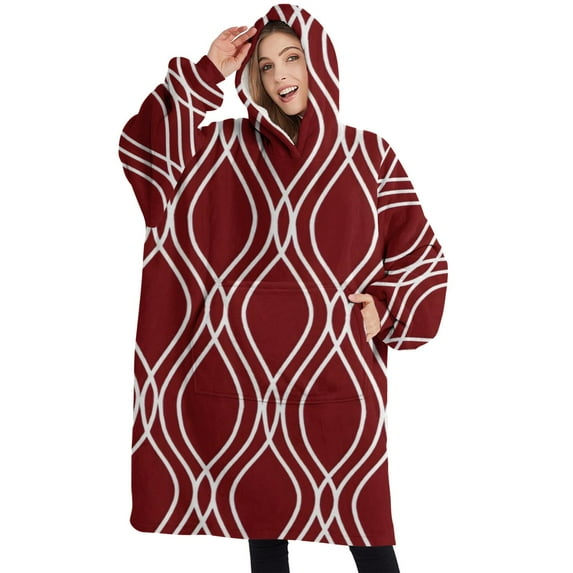 Oversized Wearable Blanket Hoodie,Burgundy and White Wavy Pattern Sherpa Blanket Hoodie with Super Pockets,Super Warm Fuzzy Pullover for Women & Men