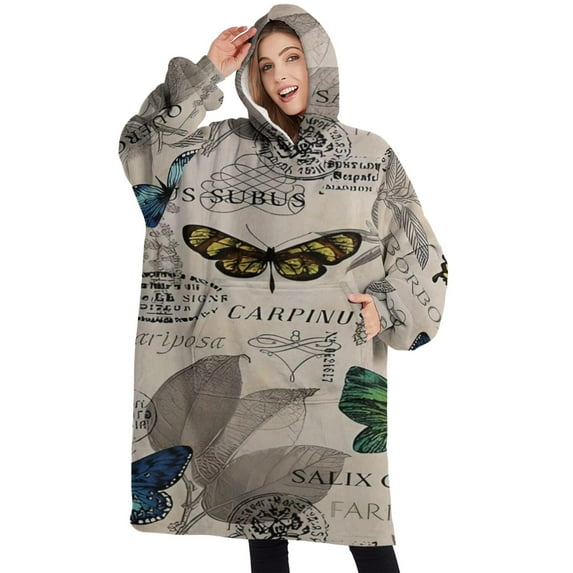 Oversized Wearable Blanket Hoodie,Butterfly Leaf Text Pattern Sherpa Blanket Hoodie with Super Pockets,Super Warm Fuzzy Pullover for Women & Men