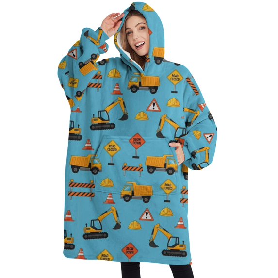 Oversized Wearable Blanket Hoodie,Cartoon Construction Vehicles Barriers Light Blue Pattern Sherpa Blanket Hoodie with Super Pockets,Super Warm Fuzzy Pullover for Women & Men