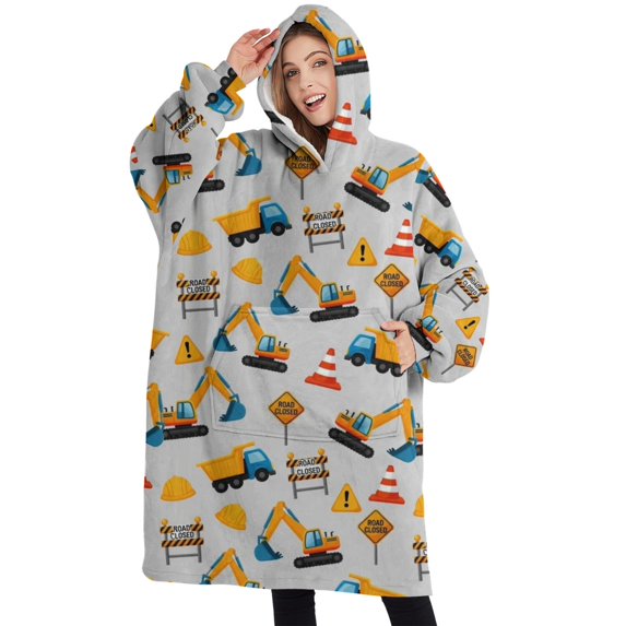 Oversized Wearable Blanket Hoodie,Cartoon Construction Vehicles Barriers Sherpa Blanket Hoodie with Super Pockets,Super Warm Fuzzy Pullover for Women & Men