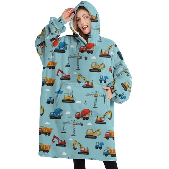 Oversized Wearable Blanket Hoodie,Cartoon Construction Vehicles Cranes Blue Pattern Sherpa Blanket Hoodie with Super Pockets,Super Warm Fuzzy Pullover for Women & Men