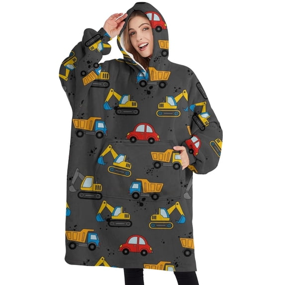 Oversized Wearable Blanket Hoodie,Cartoon Construction Vehicles Dump Trucks Sherpa Blanket Hoodie with Super Pockets,Super Warm Fuzzy Pullover for Women & Men