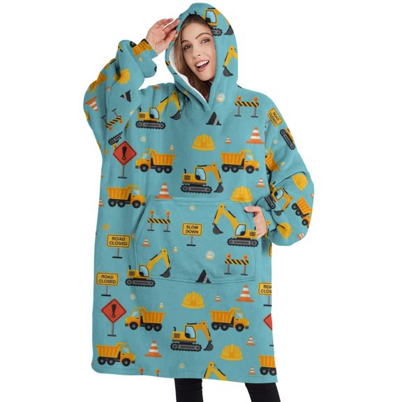 Oversized Wearable Blanket Hoodie,Cartoon Construction Vehicles Road Signs Sherpa Blanket Hoodie with Super Pockets,Super Warm Fuzzy Pullover for Women & Men