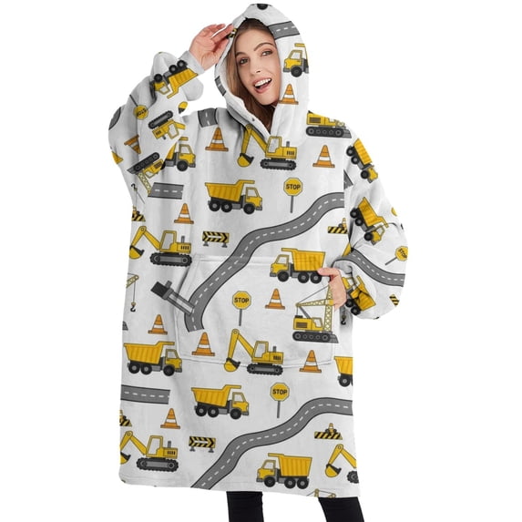 Oversized Wearable Blanket Hoodie,Cartoon Construction Vehicles Roads White Pattern Sherpa Blanket Hoodie with Super Pockets,Super Warm Fuzzy Pullover for Women & Men