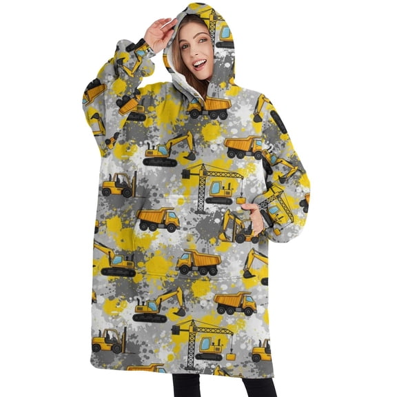 Oversized Wearable Blanket Hoodie,Cartoon Construction Vehicles Splashes Sherpa Blanket Hoodie with Super Pockets,Super Warm Fuzzy Pullover for Women & Men