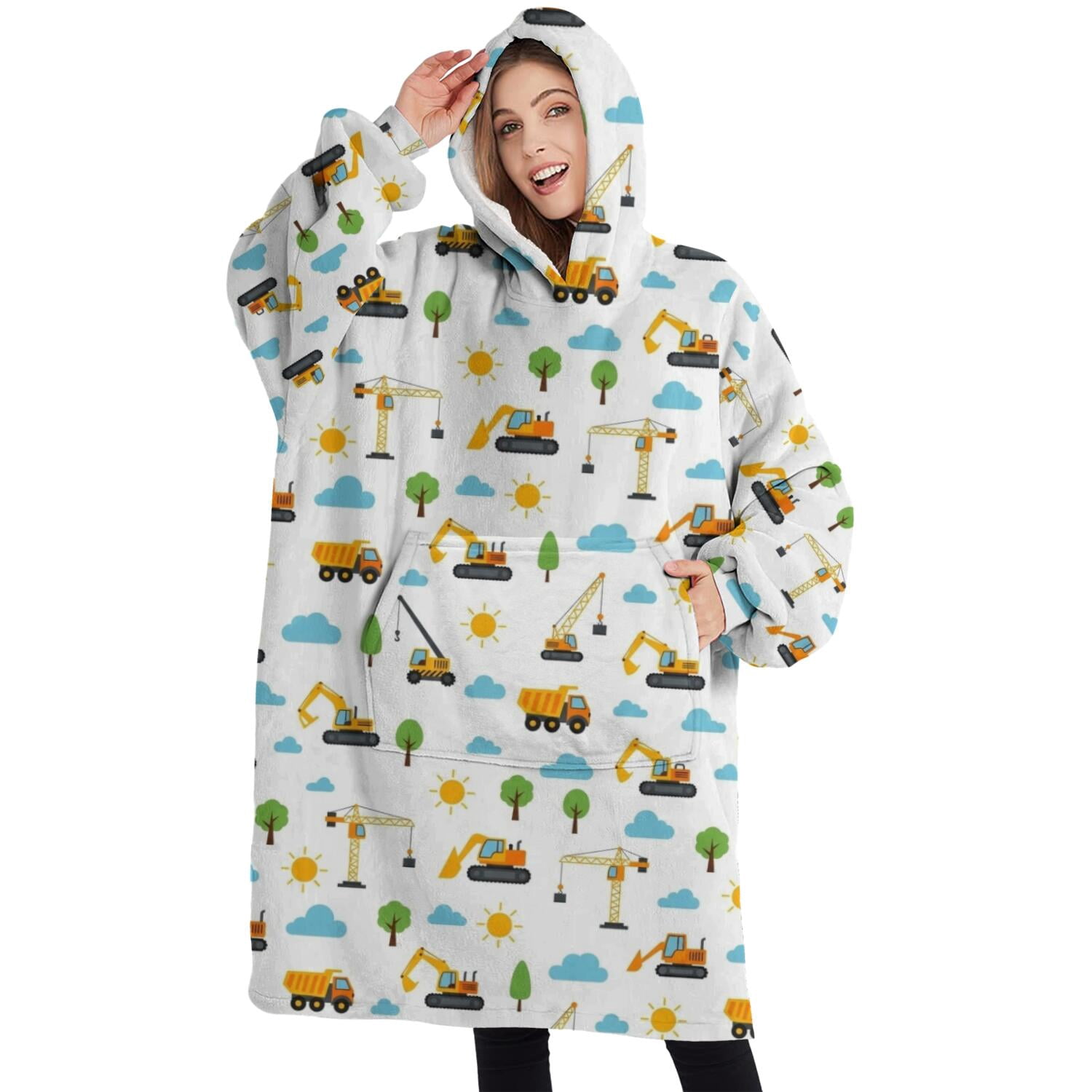 Oversized Wearable Blanket Hoodie,Cartoon Construction Vehicles Suns Sherpa Blanket Hoodie with Super Pockets,Super Warm Fuzzy Pullover for Women & Men