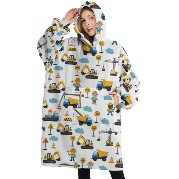 Oversized Wearable Blanket Hoodie,Cartoon Construction Vehicles Workers White Pattern Sherpa Blanket Hoodie with Super Pockets,Super Warm Fuzzy Pullover for Women & Men