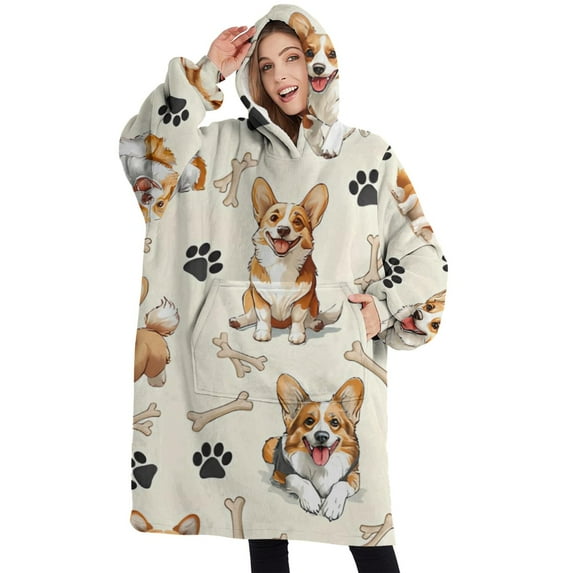 Oversized Wearable Blanket Hoodie,Cartoon Corgi Dog and Footprints Sherpa Blanket Hoodie with Super Pockets,Super Warm Fuzzy Pullover for Women & Men