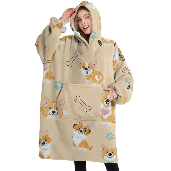 Oversized Wearable Blanket Hoodie,Cartoon Corgi Sherpa Blanket Hoodie with Super Pockets,Super Warm Fuzzy Pullover for Women & Men