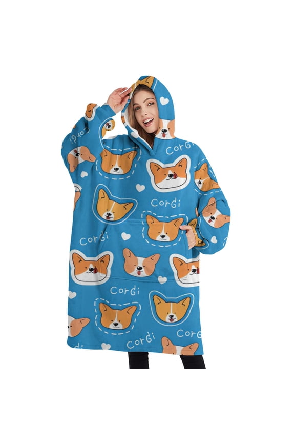 Oversized Wearable Blanket Hoodie,Cartoon Corgi Sherpa Blanket Hoodie with Super Pockets,Super Warm Fuzzy Pullover for Women & Men