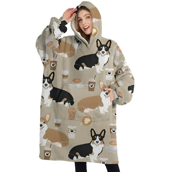 Oversized Wearable Blanket Hoodie,Cartoon Corgi and Coffee Sherpa Blanket Hoodie with Super Pockets,Super Warm Fuzzy Pullover for Women & Men