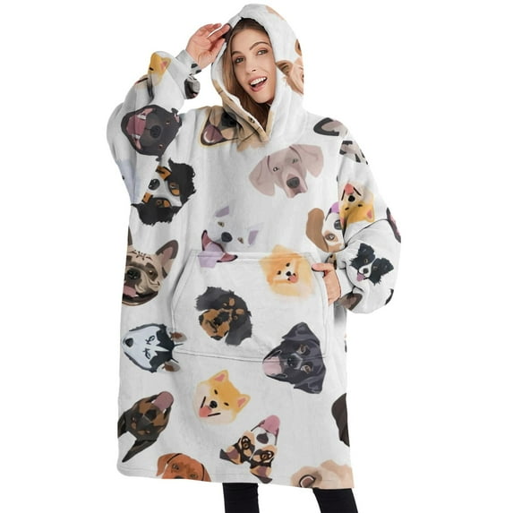 Oversized Wearable Blanket Hoodie,Cartoon Dog Sherpa Blanket Hoodie with Super Pockets,Super Warm Fuzzy Pullover for Women & Men