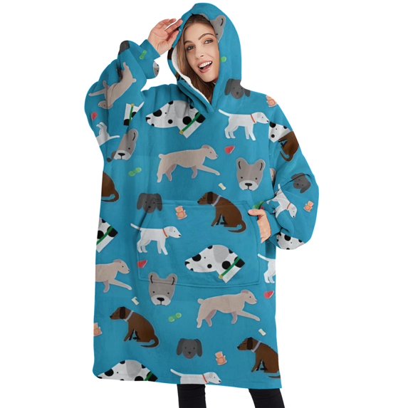 Oversized Wearable Blanket Hoodie,Cartoon Dogs Blue Background Sherpa Blanket Hoodie with Super Pockets,Super Warm Fuzzy Pullover for Women & Men