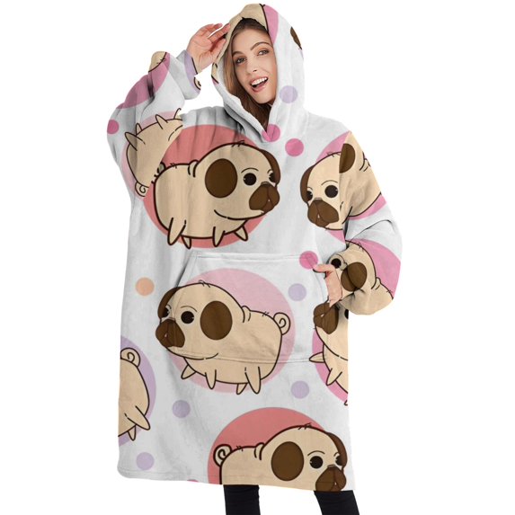 Oversized Wearable Blanket Hoodie,Cartoon Pug Dog Sherpa Blanket Hoodie with Super Pockets,Super Warm Fuzzy Pullover for Women & Men