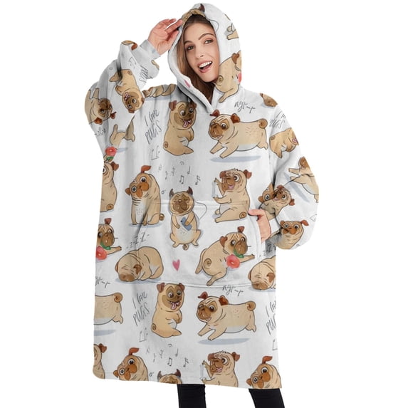Oversized Wearable Blanket Hoodie,Cartoon Pug and Heart Sherpa Blanket Hoodie with Super Pockets,Super Warm Fuzzy Pullover for Women & Men