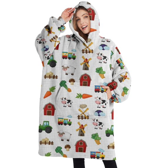 Oversized Wearable Blanket Hoodie,Cartoon Tractors Barns White Pattern Sherpa Blanket Hoodie with Super Pockets,Super Warm Fuzzy Pullover for Women & Men