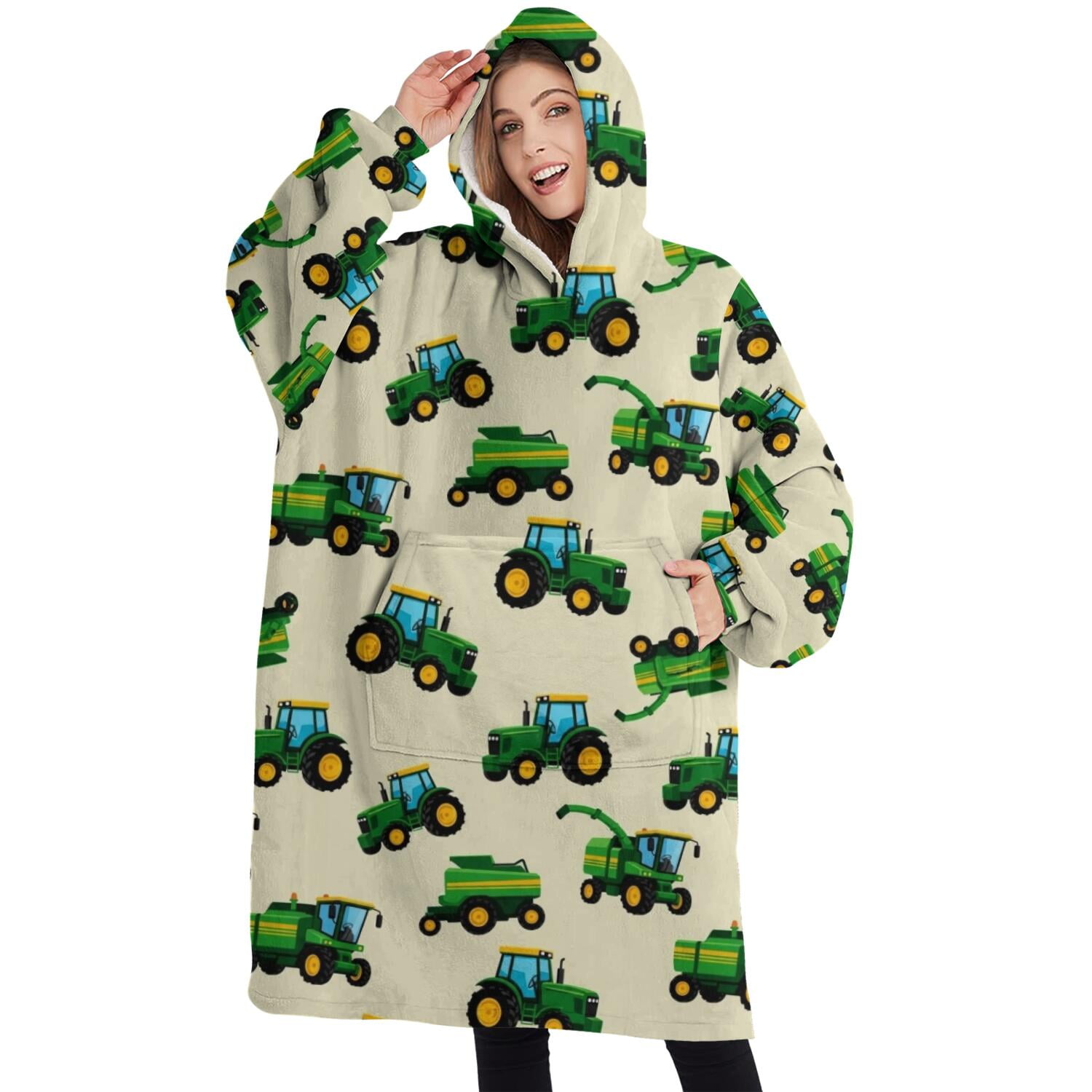 Oversized Wearable Blanket Hoodie,Cartoon Tractors Combines Beige Pattern Sherpa Blanket Hoodie with Super Pockets,Super Warm Fuzzy Pullover for Women & Men