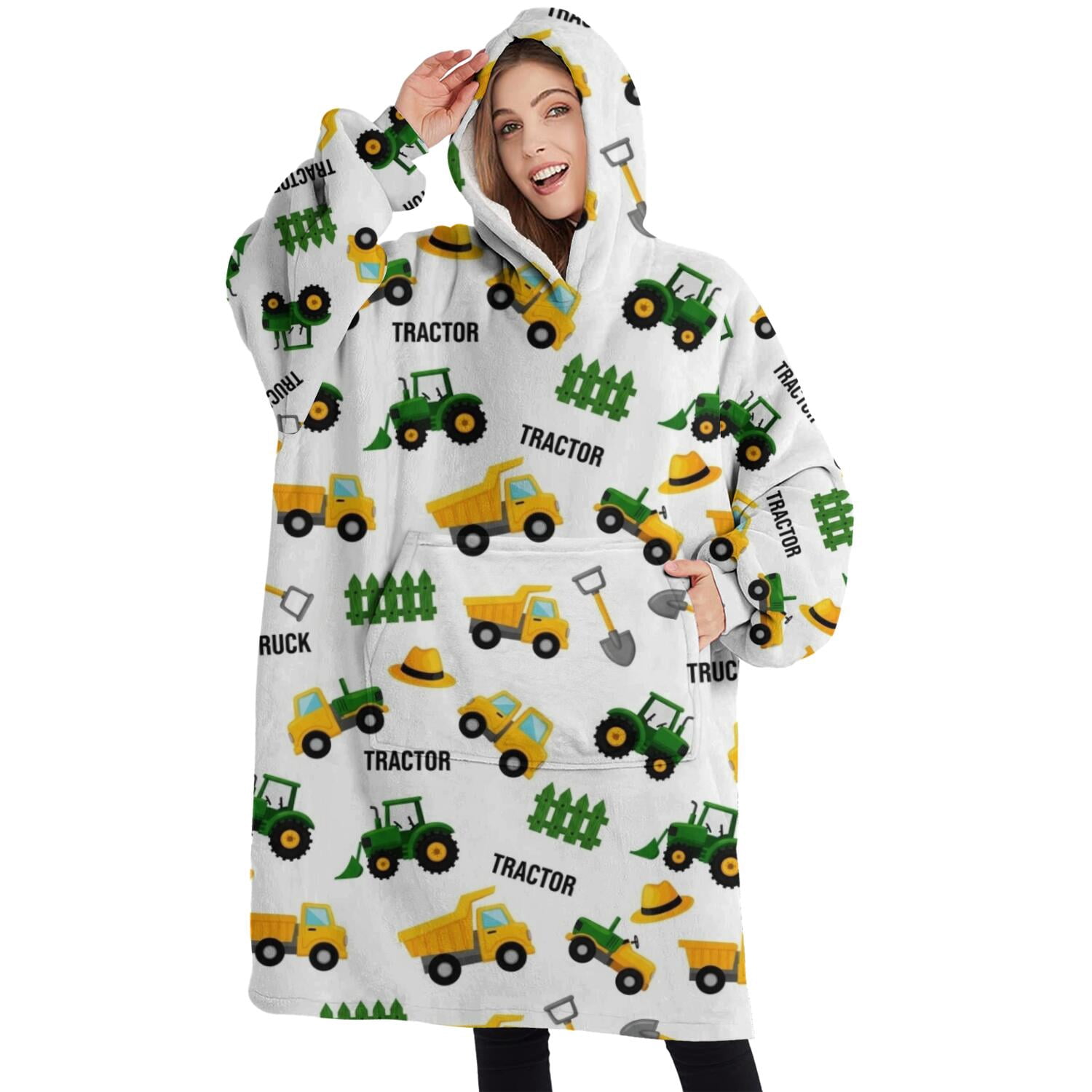 Oversized Wearable Blanket Hoodie,Cartoon Tractors Fences White Pattern Sherpa Blanket Hoodie with Super Pockets,Super Warm Fuzzy Pullover for Women & Men