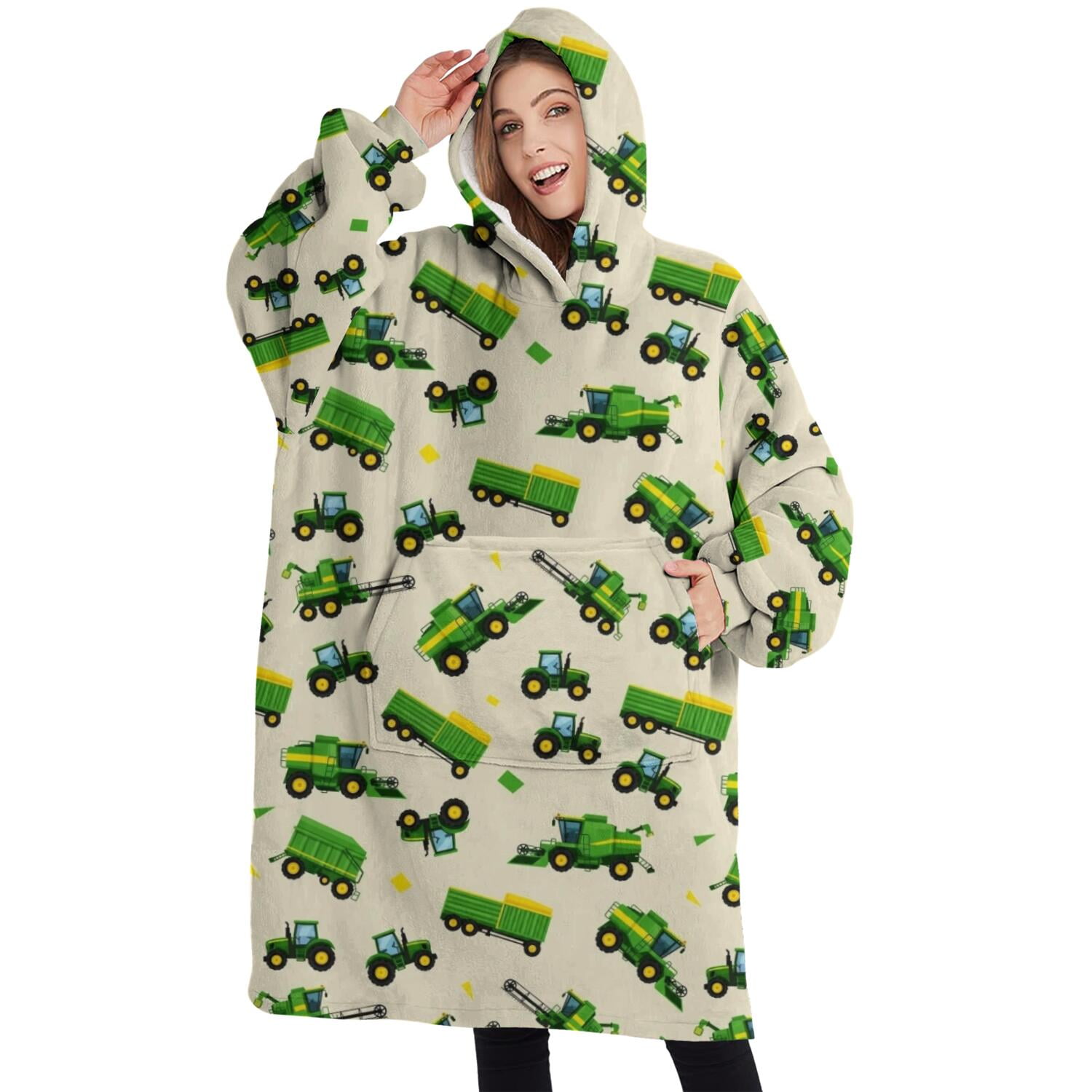 Oversized Wearable Blanket Hoodie,Cartoon Tractors Green Beige Pattern Sherpa Blanket Hoodie with Super Pockets,Super Warm Fuzzy Pullover for Women & Men