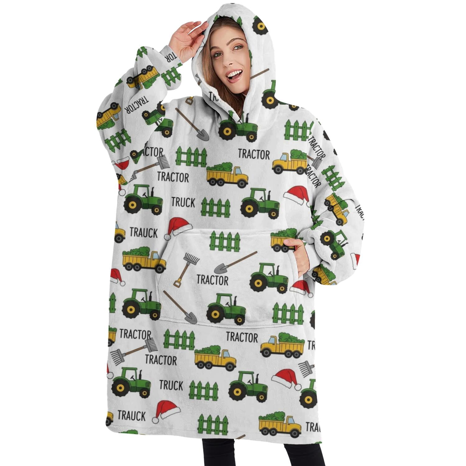 Oversized Wearable Blanket Hoodie,Cartoon Tractors Santa Hats White Pattern Sherpa Blanket Hoodie with Super Pockets,Super Warm Fuzzy Pullover for Women & Men