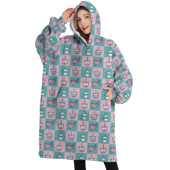 Oversized Wearable Blanket Hoodie,Checkered Unicorn Cat Pattern Sherpa Blanket Hoodie with Super Pockets,Super Warm Fuzzy Pullover for Women & Men