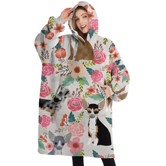 Oversized Wearable Blanket Hoodie,Chihuahua and Flower Florals Sherpa Blanket Hoodie with Super Pockets,Super Warm Fuzzy Pullover for Women & Men