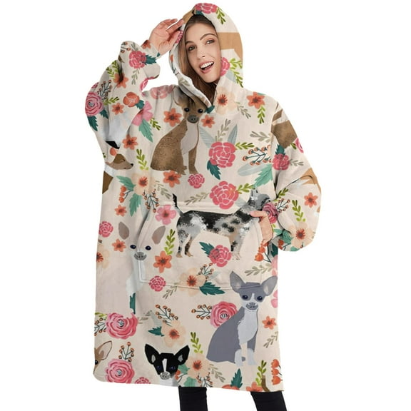Oversized Wearable Blanket Hoodie,Chihuahua and Flower Florals Sherpa Blanket Hoodie with Super Pockets,Super Warm Fuzzy Pullover for Women & Men