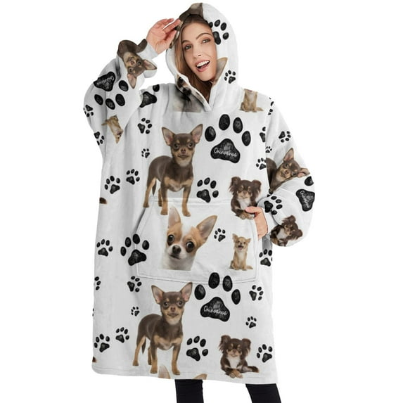 Oversized Wearable Blanket Hoodie,Chihuahua and Footprints Sherpa Blanket Hoodie with Super Pockets,Super Warm Fuzzy Pullover for Women & Men