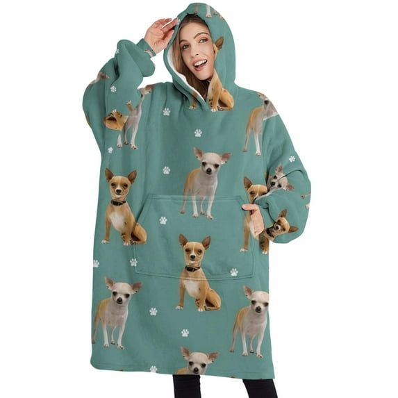Oversized Wearable Blanket Hoodie,Chihuahua and Footprints Sherpa Blanket Hoodie with Super Pockets,Super Warm Fuzzy Pullover for Women & Men