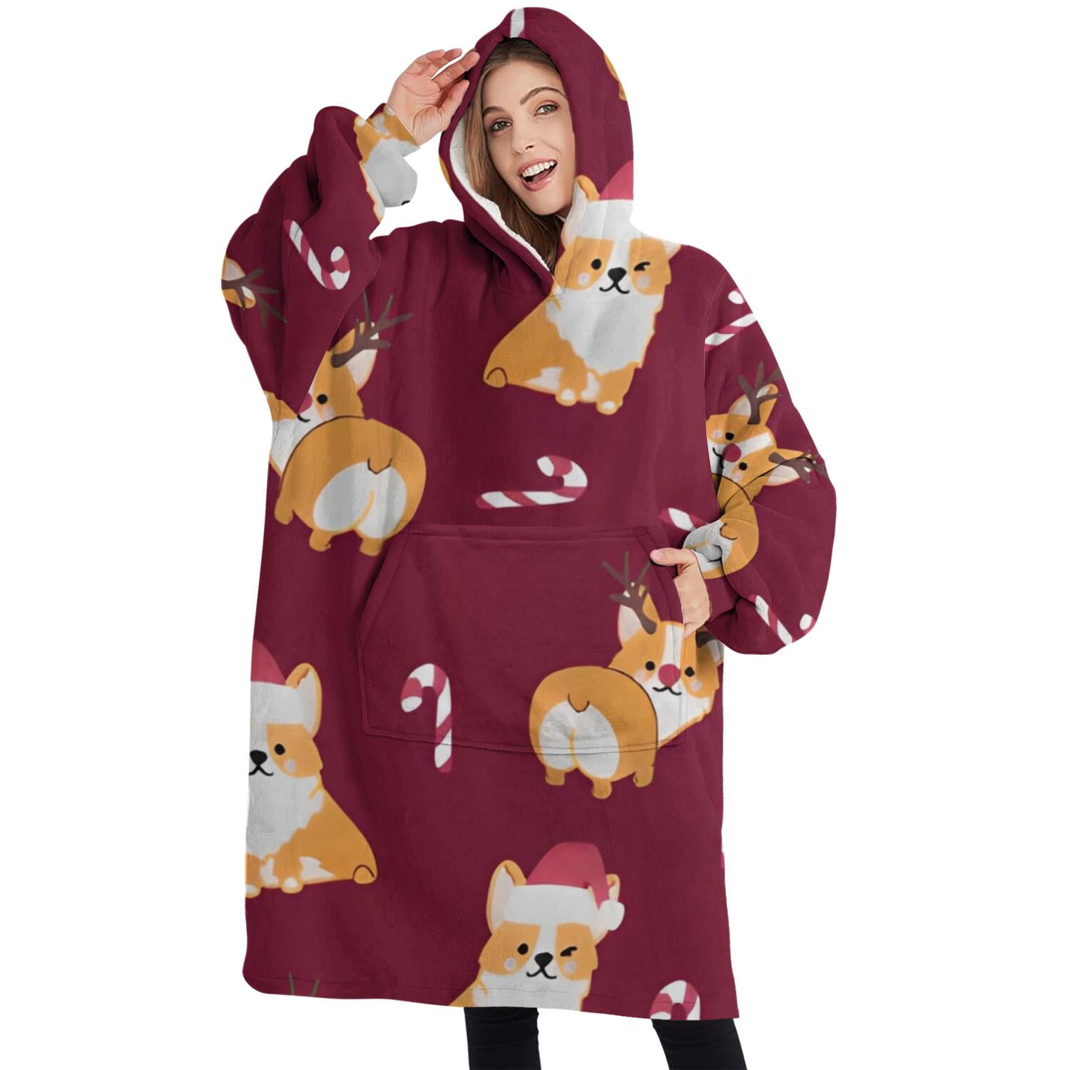 Oversized Wearable Blanket Hoodie,Christmas Corgi Sherpa Blanket Hoodie with Super Pockets,Super Warm Fuzzy Pullover for Women & Men