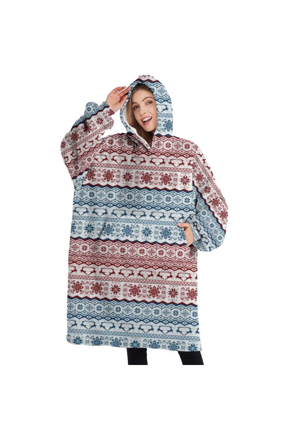 Oversized Wearable Blanket Hoodie,Christmas Folk Pattern Sherpa Blanket Hoodie with Super Pockets,Super Warm Fuzzy Pullover for Women & Men