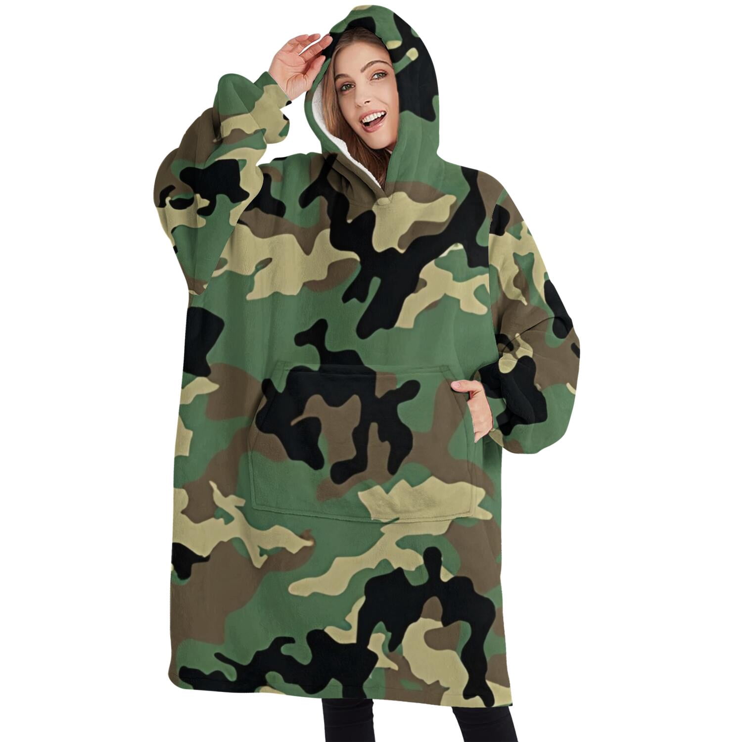Oversized Wearable Blanket Hoodie,Classic Camo Green Black Pattern Sherpa Blanket Hoodie with Super Pockets,Super Warm Fuzzy Pullover for Women & Men