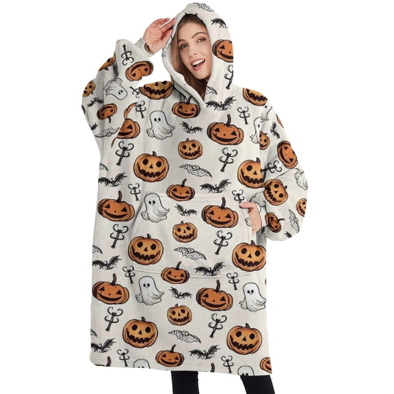 Oversized Wearable Blanket Hoodie,Classic Halloween Pattern Sherpa Blanket Hoodie with Super Pockets,Super Warm Fuzzy Pullover for Women & Men