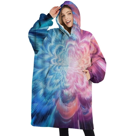Oversized Wearable Blanket Hoodie,Colorful Burst Pattern Sherpa Blanket Hoodie with Super Pockets,Super Warm Fuzzy Pullover for Women & Men