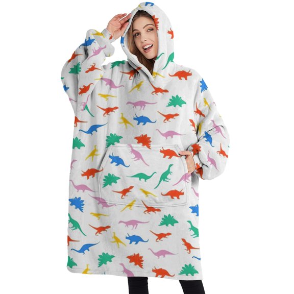 Oversized Wearable Blanket Hoodie,Colorful Cartoon Dinosaurs Bright Shapes Pattern Sherpa Blanket Hoodie with Super Pockets,Super Warm Fuzzy Pullover for Women & Men