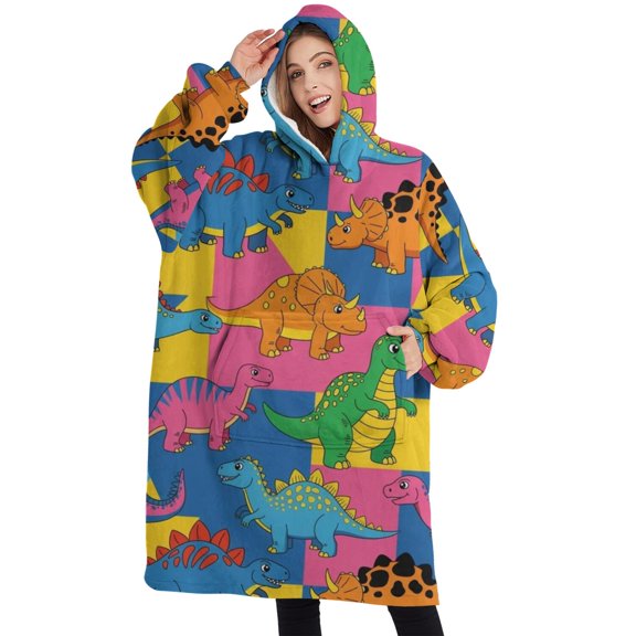 Oversized Wearable Blanket Hoodie,Colorful Cartoon Dinosaurs Geometric Pattern Sherpa Blanket Hoodie with Super Pockets,Super Warm Fuzzy Pullover for Women & Men