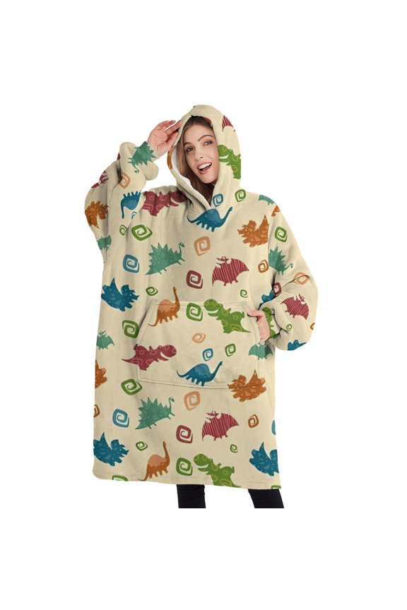 Oversized Wearable Blanket Hoodie,Colorful Cartoon Dinosaurs Geometric Pattern Sherpa Blanket Hoodie with Super Pockets,Super Warm Fuzzy Pullover for Women & Men