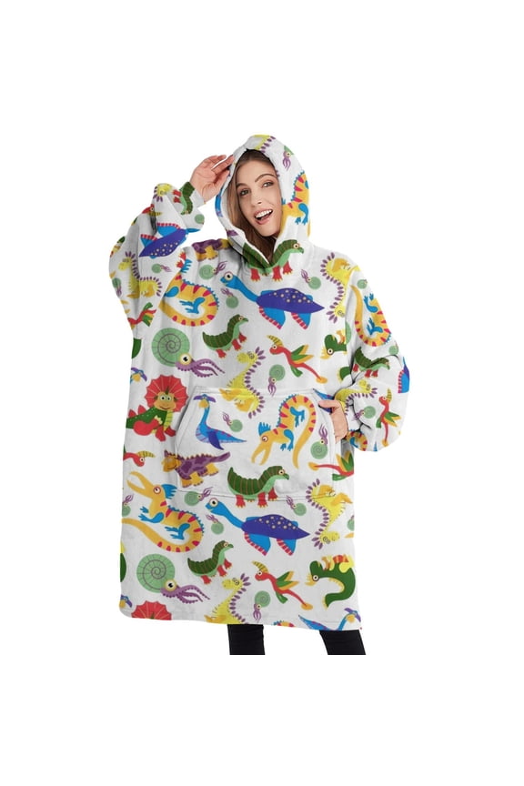 Oversized Wearable Blanket Hoodie,Colorful Cartoon Dinosaurs SeaCreatures Pattern Sherpa Blanket Hoodie with Super Pockets,Super Warm Fuzzy Pullover for Women & Men