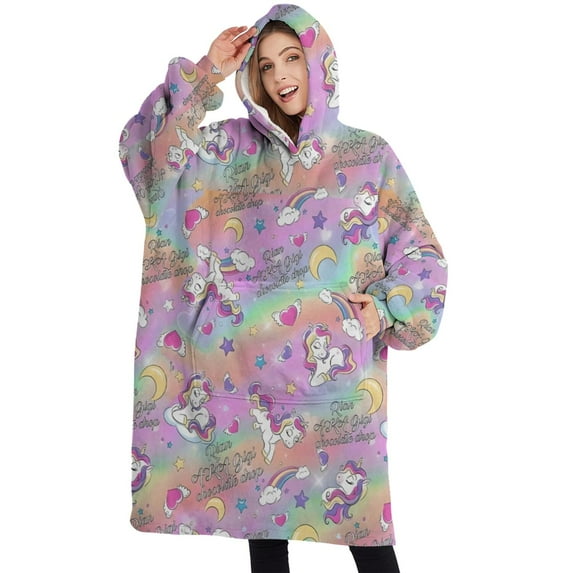 Oversized Wearable Blanket Hoodie,Colorful Cartoon Unicorn Pattern Sherpa Blanket Hoodie with Super Pockets,Super Warm Fuzzy Pullover for Women & Men