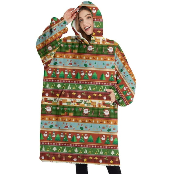 Oversized Wearable Blanket Hoodie,Colorful Christmas Striped Pattern Sherpa Blanket Hoodie with Super Pockets,Super Warm Fuzzy Pullover for Women & Men