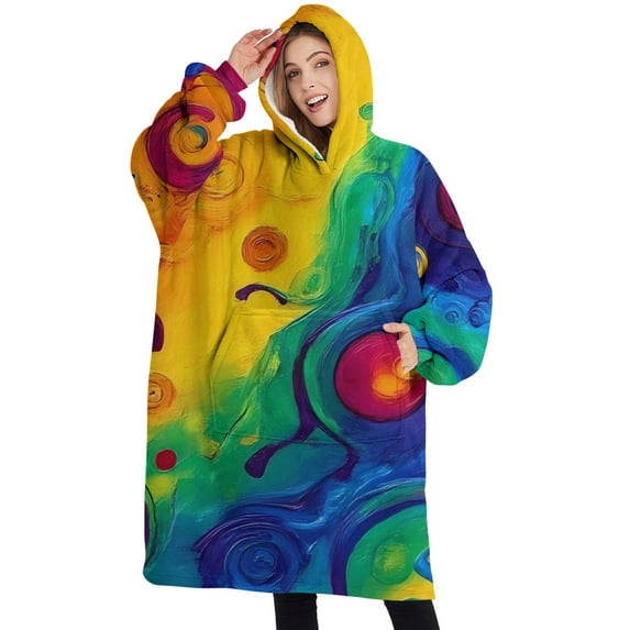 Oversized Wearable Blanket Hoodie,Colorful Circular Pattern Sherpa Blanket Hoodie with Super Pockets,Super Warm Fuzzy Pullover for Women & Men