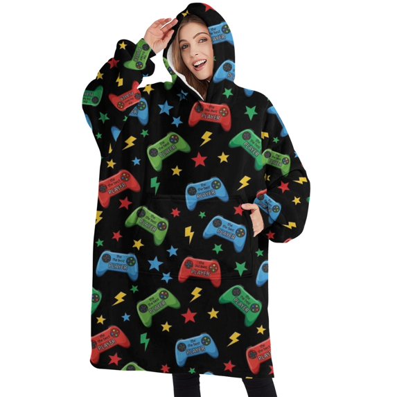 Oversized Wearable Blanket Hoodie,Colorful Controllers Games Icons Black Pattern Sherpa Blanket Hoodie with Super Pockets,Super Warm Fuzzy Pullover for Women & Men