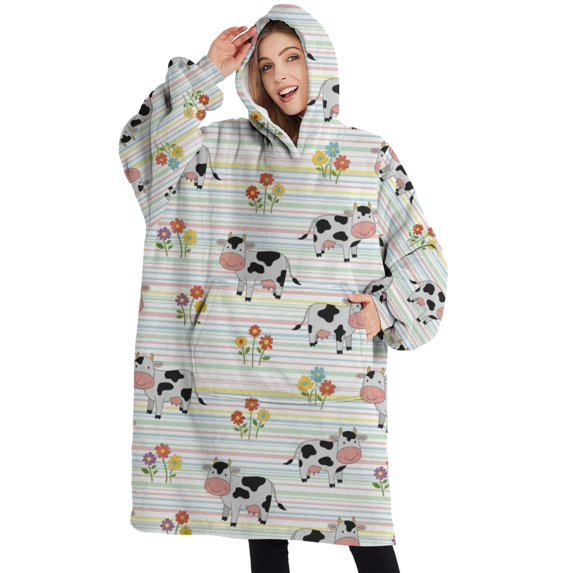 Oversized Wearable Blanket Hoodie,Colorful Cow Flower Pattern Sherpa Blanket Hoodie with Super Pockets,Super Warm Fuzzy Pullover for Women & Men