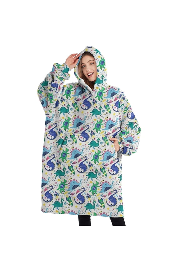 Oversized Wearable Blanket Hoodie,Colorful Dinosaurs Curly Patterns Sherpa Blanket Hoodie with Super Pockets,Super Warm Fuzzy Pullover for Women & Men