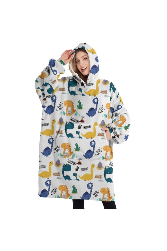 Oversized Wearable Blanket Hoodie,Colorful Dinosaurs DINO Eggs Pattern Sherpa Blanket Hoodie with Super Pockets,Super Warm Fuzzy Pullover for Women & Men