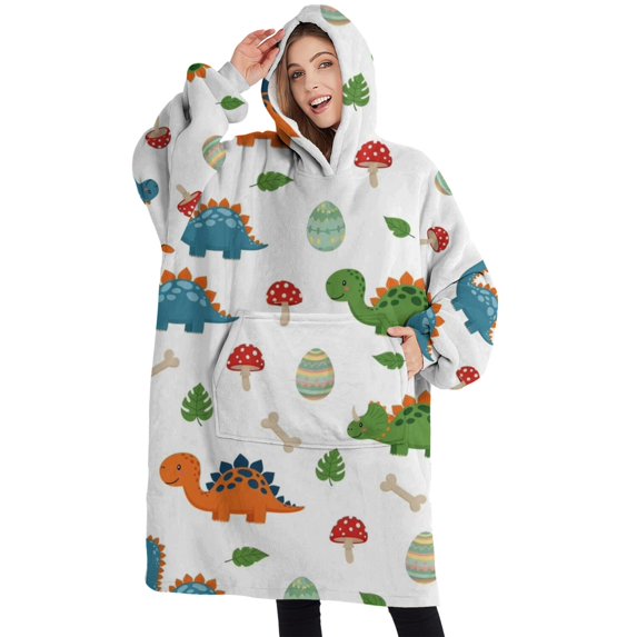 Oversized Wearable Blanket Hoodie,Colorful Dinosaurs Mushrooms Pattern Sherpa Blanket Hoodie with Super Pockets,Super Warm Fuzzy Pullover for Women & Men