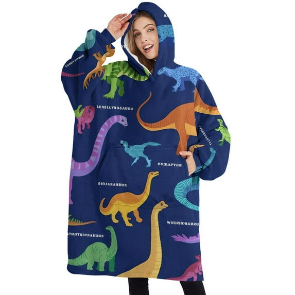 Oversized Wearable Blanket Hoodie,Colorful Dinosaurs Names Chart Pattern Sherpa Blanket Hoodie with Super Pockets,Super Warm Fuzzy Pullover for Women & Men